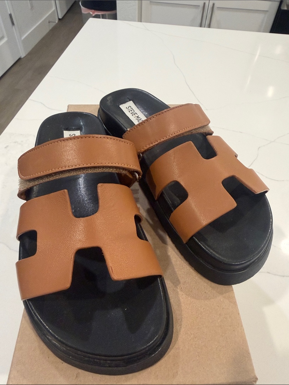 Steve Madden Brown Leather Slide Sandals with Black Footbed